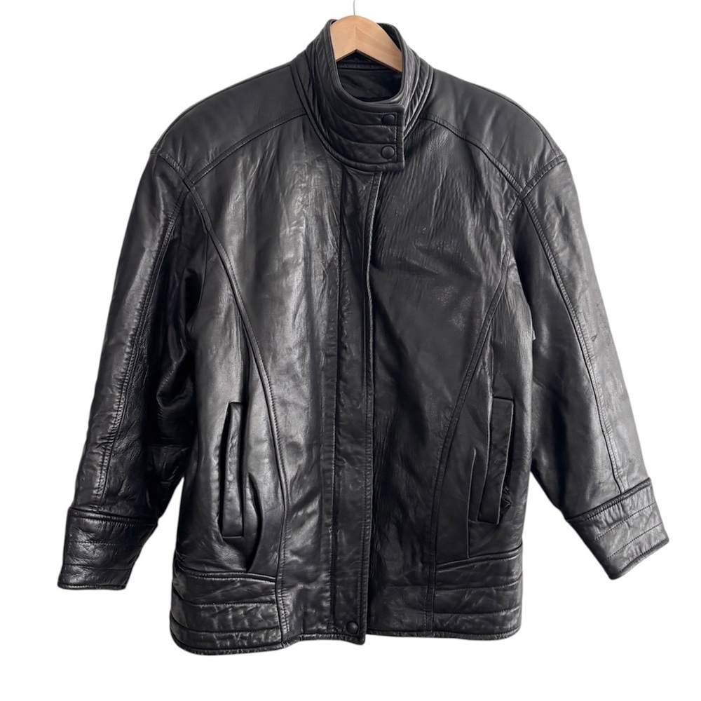 Vintage Danier Black Leather Bomber Moto Zip Up Jacket
